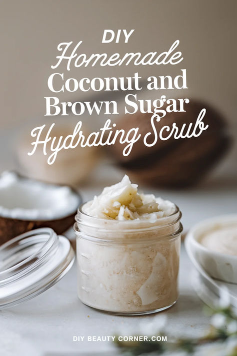 DIY Coconut & Brown Sugar Hydrating Body Scrub Diy Creamy Body Scrub, Diy Shower Scrub Recipes, Home Made Exfoliating Scrub Skin, Homemade Body Exfoliator, Natural Body Exfoliator, Hydrating Body Scrub Diy, Things To Make With Coconut Oil Diy, Body Scrub Gift Ideas, Exfoliating Body Scrub Diy Recipes Coconut Oil