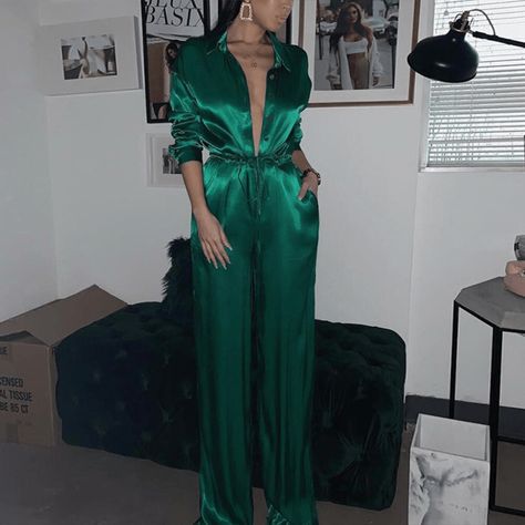 Green Silk Dress, Silk Bodysuit, Bandage Jumpsuits, Satin Button Up, Rompers Womens Jumpsuit, Satin Jumpsuit, Jumpsuit Online, Long Jumpsuits, Long Sleeve Jumpsuit