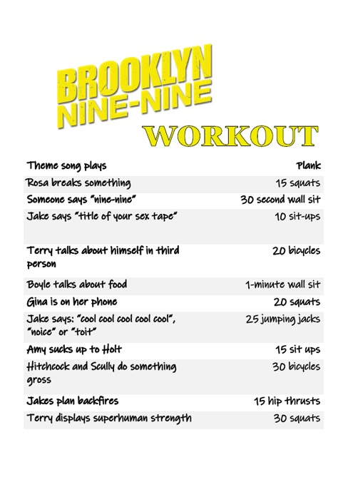 Netflix Workout Tv Shows, Brooklyn Nine Nine Drinking Game, Young Sheldon Workout Challenge, Never Have I Ever Workout, Brooklyn 99 Workout, Brooklyn Nine Nine Tattoo Ideas, Brooklyn Nine Nine Workout, Tv Workouts Netflix Tv Shows, Tv Workout Challenge