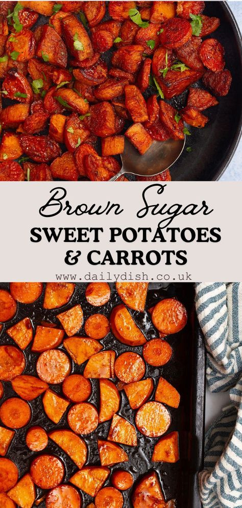 Roasted Sweet Potatoes And Carrots With Brown Sugar Thanksgiving Carrot Recipe, Roasted Sweet Potatoes And Carrots, Christmas Theme Food, Carrots With Brown Sugar, Sweet Potatoes And Carrots, Brown Sugar Sweet Potatoes, Brown Sugar Carrots, Brown Sugar Glazed Carrots, Carrots Roasted