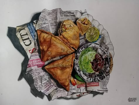 Watercolor Object Drawing, Foodie Art Drawing, India Watercolor Painting, Indian Food Art Painting, Samosa Drawing, Still Life Drawing Watercolors, Object Drawing Reference, Newspaper Reference, Indian Food Art