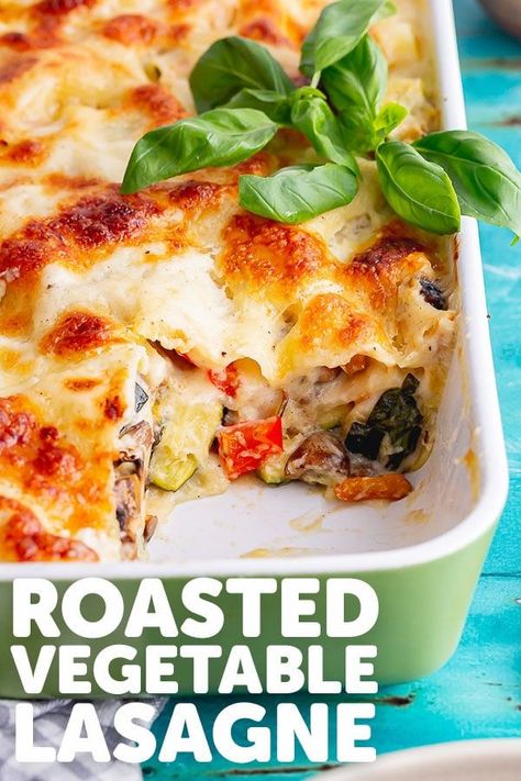 This roasted vegetable lasagne has a delicious cheesy white sauce and plenty of your favourite roasted veggies. This is the best veggie lasagne recipe and makes perfect vegetarian comfort food! #thecookreport #vegetablelasagne #lasagne #comfortfood Roasted Veg Lasagna Recipe, Roasted Veggie Lasagna Recipe, Easy Vegetable Lasagna Recipe Healthy, Roasted Veggie Lasagna, Veg Lasagne Recipe, Vege Lasagna Vegetable Lasagne, Veggie Lasagne Recipes, Vegetarian Lasagna Recipe Vegetable Lasagne White Sauce, Roasted Vegetable Lasagna Recipe