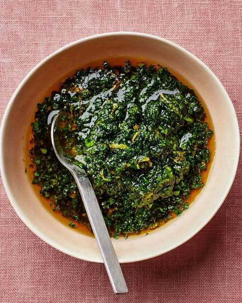 Basil Chimichurri, Gremolata Recipe, Spring Dinner Party, Seared Fish, Chimichurri Recipe, Vegan Dressing, Carrot Greens, Carrot Top, Chimichurri Sauce