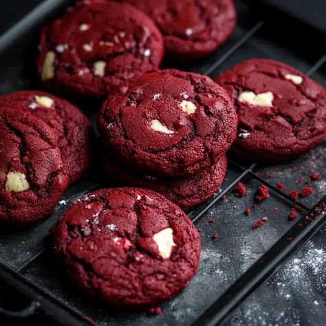 Discover the perfect red velvet cookies recipe! Learn expert tips, variations, and why these treats are taking the baking world by storm. Red Velvet Gourmet Cookies, Large Red Velvet Cookies, Red Velvet Baking Ideas, Redvelvet Cookies Recipe, Red Velvet Christmas Cookies, Valentine’s Cookies, Valentines Bakery Ideas, Red Velvet Cookies From Scratch, Valentine Day Desserts