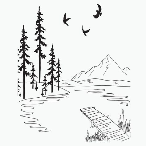 Forest Drawings Simple, Wilderness Drawings Easy, Lake Landscape Drawing, Landscape Outline Drawing, Lake Drawing Simple, Lake Drawings Easy, Forest Sketch Simple, Lake House Drawing, How To Draw A Forest