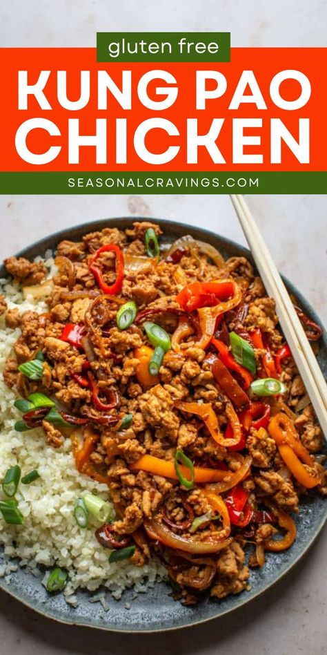 Spice up your meals with Gluten Free Kung Pao Chicken recipes! A perfect blend of salty and sweet, with tender ground chicken, crisp peppers, and onion. Easy to prepare and perfect for healthy dinner options and healthy eating ideas! Kung Pao Ground Chicken Recipe, Recipes To Make With Ground Chicken, Ground Chicken And Bacon Recipes, Gluten Free Kung Pao Chicken, Ground Chicken With Rice, Dishes With Ground Chicken, Ground Chicken Easy Recipes, What To Make With Ground Chicken, Ground Chicken Dinner