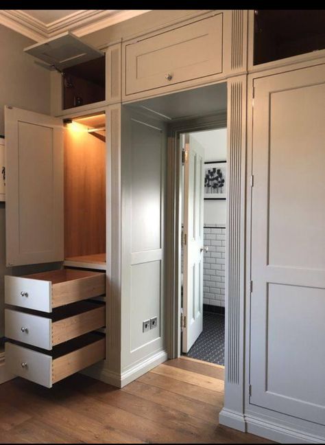 Closet Over Doorway, Built In Armoire Closet Master Bedrooms, Hidden Master Closet, Loft Above Closet, Hidden Ensuite Wardrobe, Pass Through Closet, Bathroom Cabinets Ideas, Storage Solutions For Small Spaces, Furniture Color Schemes