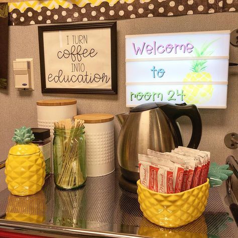 ✏️🍍QuiteDainty Classroom🍍📚 on Instagram: “Classroom coffee station... we need to add a Keurig and some Rae Dunn to this picture! ☕️ #iteachtoo #teachersofinstagram #iteachsecond…” Teacher Beverage Station, Coffee Bar Ideas For Classroom, Coffee Bar In Classroom, Teacher Coffee Station In Classroom, Teacher Coffee Station, Classroom Keurig Station, Classroom Coffee Bar, Classroom Coffee Station, Classroom Coffee Station Teachers