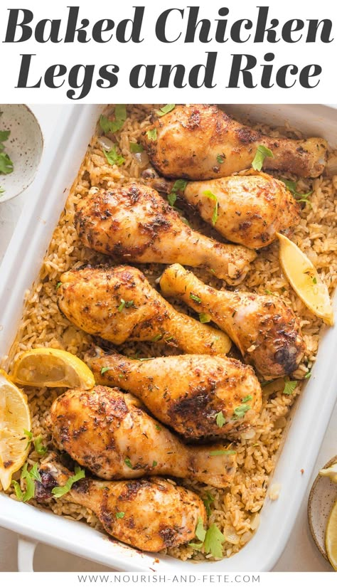 This easy recipe for Oven Baked Chicken Legs and Rice is loaded with flavor and perfect for a cozy supper. It uses simple, real food ingredients, requires just 10 minutes of prep, and cooks away in the oven while you enjoy your day. Chicken Legs In The Oven With Rice, Chicken Legs In The Crockpot Recipes, Easy Chicken Leg Dinner Recipes, Breaded Chicken Drumstick Recipes Oven Baked, Baked Drumsticks And Rice, Chicken Leg Rice Bake, Chicken Drumsticks Oven Recipes, Lemon Chicken Legs In The Oven, Oven Baked Drumsticks Recipes