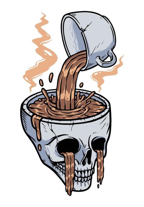 Give coffee to your head illustration Head Illustration, Coffee Cartoon, Coffee Artwork, Coffee Tattoos, Coffee Vector, Coffee Drawing, Tshirt Printing Design, Coffee Illustration, A Skull