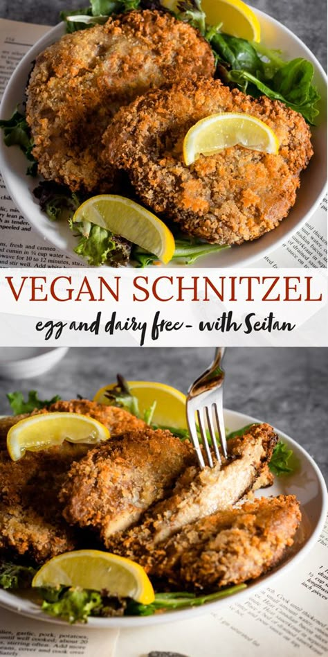 Crispy vegan schnitzel on a plate Seitan Pork Chops, Vegan Seitan Recipes, Seitan Meals, Vegan German Recipes, Recipes With Seitan, Seitan Recipes Vegan, Seitan Dishes, Vegan Schnitzel Recipe, Easy Seitan Recipe