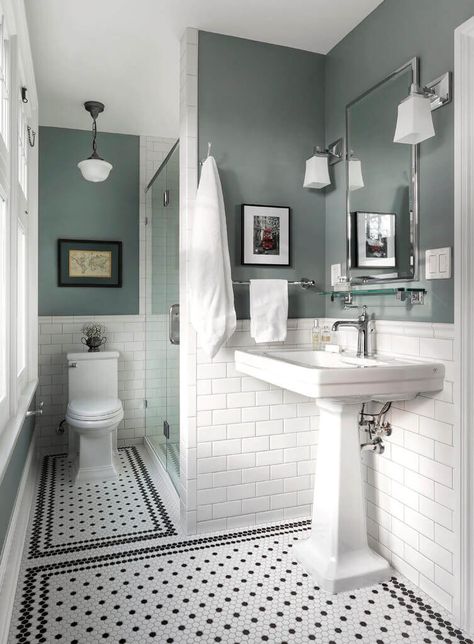 White Bathroom Decor, White Bathroom Tiles, Bilik Air, Victorian Bathroom, Small Bathroom Makeover, Classic Bathroom, Upstairs Bathrooms, Tile Flooring, Bathroom Layout