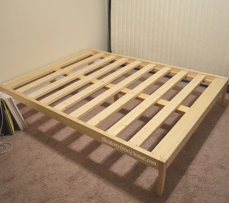 DIY Bed Frame set up in room Pallet Double Bed Frame, Cheap Bed Frame Diy, How To Make A Bed Frame Wood, Diy Bed Stand, Simple Double Bed Frame, How To Make A Bed Frame Diy, Diy Easy Bed Frame, Wooden Bed Frame Diy How To Build, Easy Platform Bed Diy