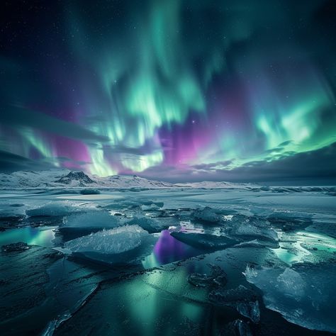 Aurora Ice Dance: The #breathtaking northern lights ripple across the #polar sky above a #serene icy landscape at night. #northernlights #icylandscape #nightphotography #nightsky #beautifulview #digitalart #photography #creativework ⬇️ Download and 📝 Prompt 👉 https://stockcake.com/i/aurora-ice-dance_304612_709167 Aurora Aesthetic Northern Lights, Artic Ocean Aesthetic, Northern Lights Aesthetic, Aurora Landscape, Macbook Setup, Icy Landscape, Landscape At Night, Ice Landscape, Ap Portfolio