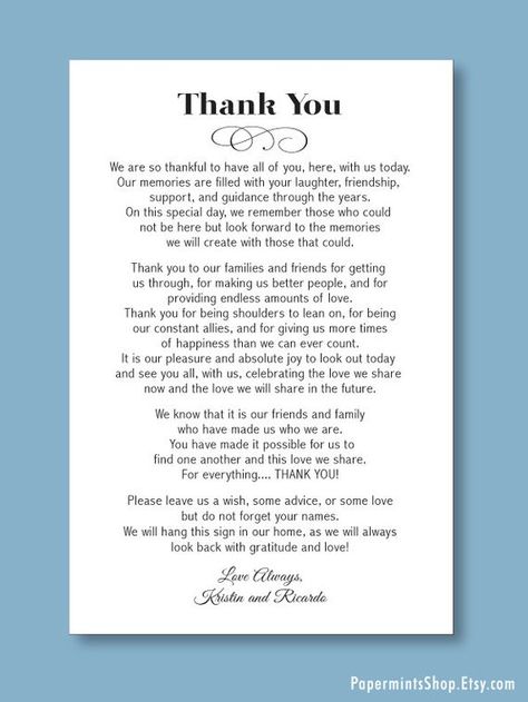 Wedding Thank You Quotes, Thank You Speech Wedding, Thanks Speech, Photo Paper Frame, Wedding Thank You Messages, Writing Vows, Thank You Poster, Custom Return Address Stamp, Reception Sign