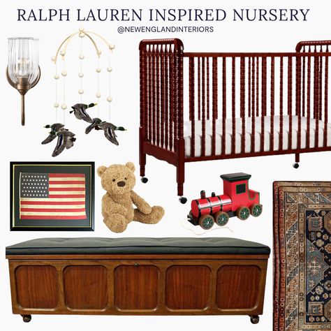 New England Interiors • Ralph Lauren Inspired Nursery • Crib, Lighting, Rug, Bear, Train, Trunk, Nursery Accessories & Decor. Americana Nursery, New England Interiors, Boy Nursey, Vintage Nursery Boy, New England Interior, Train Nursery, Western Nursery, Room Boy, Mommy Things