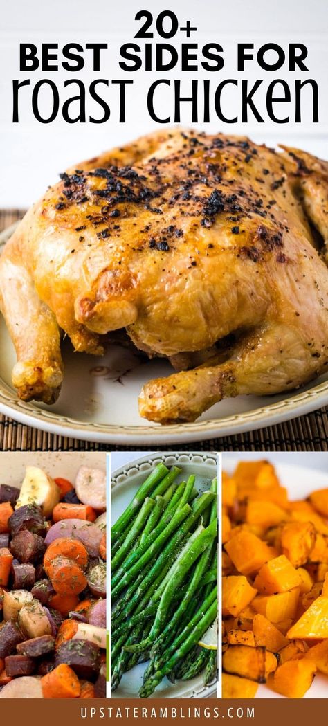 Wondering what to serve with roast chicken? Make your next chicken dinner even better by pairing it with one of these amazing side dishes! With 20 classics like roast carrots, brussel sprouts and scalloped potatoes there is something everyone will enjoy for your next rotisserie chicken or roast chicken dinner. What To Serve With Rotisserie Chicken, Sides For Roast Chicken, Sides For Roast, Roast Chicken Sides, Brussels Sprouts And Potatoes, Easy Grilled Chicken Recipes, Side Dishes For Christmas, Amazing Side Dishes, Upstate Ramblings