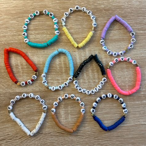 Bundle Of 10 Taylor Swift Eras Tour Themed Beaded Friendship Bracelets! One Bracelet For Each Album: Taylor Swift Debut, Fearless, Speak Now, Red, 1989, Reputation, Lover, Folklore, Evermore, And Midnights Perfect For The Eras Tour Or A Gift For A Swiftie! Also Perfect For Trading At The Eras Tour Film! Please Bundle And I Can Offer A Discount. I Can Ship Day Of Or Next Day! If You Are Interested In A Custom Order, Please Leave A Comment Or Message Me In A Bundle! I Love To Do Customs. I Can Als Folklore Clay Bead Bracelet, Taylor Swift Albums Bracelet, Taylor Swift Bracelets Pony Beads, Eras Tour Clay Bead Bracelet, Clay Bead Taylor Swift Bracelets, Taylor Swift Album Bracelets, Diy Rubber Band Bracelet, Eras Bracelet, Taylor Swift Red Album