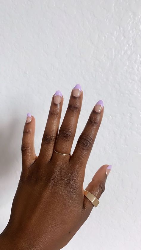 lavender french tip almond shape Purple French Tips Almond, French Tip Acrylic Nails Purple, Lavender Acrylic Nails Almond, Lavender Nails French Tip, Almond Nails Lavender, Lavender Tip Nails, Short Almond Nails Purple, Lavender French Nails, Short Almond Acrylic Nails Design