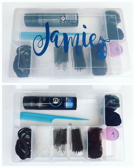 Dance Hair Box – Organisation – Be A Fun Mum Dance Organization Ideas, Dance Box Ideas, Ballet Hair Supplies, Dance Competition Organization Ideas, Dance Recital Organization, Dance Competition Necessities, Dance Makeup Bag, Dance Competition Organization, Dance Survival Kit Diy Gift Ideas