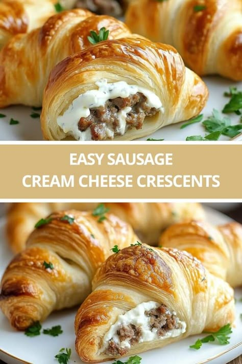 Sausage Cream Cheese Crescents Baked Sausage Cream Cheese Croissants, Sausage And Cheese Croissant, Crescents With Cream Cheese Sausage, Crescent Cream Cheese Sausage, Croissant Sausage Cream Cheese, Breakfast Sausage Cream Cheese Crescent, Crossiant Meals, Sausage Cream Cheese Crescents Recipe, Baked Sausage And Cream Cheese Crescents