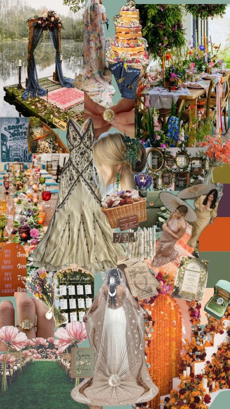 Wedding mood board #outfitinspo #vintage #nature #beauty #wallpaper #wedding #aesthetic #inspo #weddinginspo #moodboard #antique #eclectic #thrifted #floral #bride #bridal #inspoboard Eclectic Floral Wedding, Vintage Kitsch Wedding, Eclectic Rustic Wedding, Eclectic Wedding Aesthetic, Eclectic Outdoor Wedding, Dark Eclectic Wedding, Retro Eclectic Wedding, Fae Wedding Aesthetic, Queer Wedding Decor