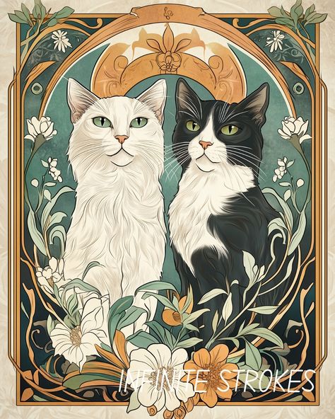 🐈‍⬛🌿 "A portrait of purrfection, where elegance meets feline charm." 🐾✨ These regal companions, surrounded by delicate floral patterns, embody both grace and mystery. This art nouveau-inspired piece captures the timeless beauty of our beloved cats, bringing a touch of classic art into the modern world. 🌸🎨 At Infinite Strokes, we turn everyday moments into artistic treasures, celebrating the quiet magic that pets bring to our lives. 🐱💛 ________________________________________ 🌼 Please like,... Art Nouveau Cat Illustrations, Art Nouveau Cat Tattoo, Art Nouveau Cat, Art Deco Cat, Art Alevel, Goth Home Decor, Goth Home, Photography Illustration, Cats Illustration