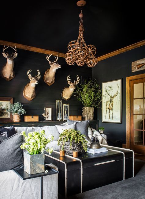 Modern Lodge Decor, Hunting Themed Bedroom, Deer Head Decor, Cactus Gardens, Sean Anderson, Deer Heads, Modern Lodge, Hunting Room, Hunting Decor