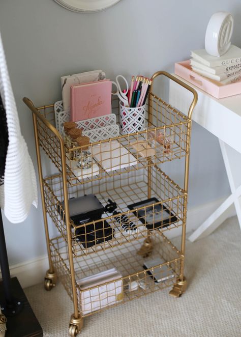 Add To Cart Aesthetic, Organizing Small Spaces, Vanity Cart, Makeup Cart, Gold Cart, Vanity Set Up, Gold Vanity, Gold Bar Cart, Office Bar