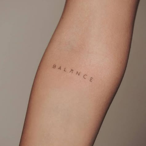 Small Tattoos Balance, Tattoos On Hands For Woman, Aesthetic Letter Tattoo, Inner Balance Tattoo, Balance Tattoo Meaning, Tattoo Ideas One Word, Balance Tattoo Ideas Minimalist, Balance Small Tattoo, Small Balance Tattoo