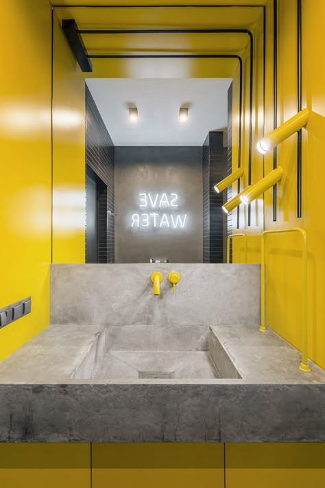 Art apartment on Behance Black Wall Tiles, Sport Center, Restroom Design, Gym Interior, Tuk Tuk, Yellow Bathrooms, Toilet Design, Kiev Ukraine, Wall Bed