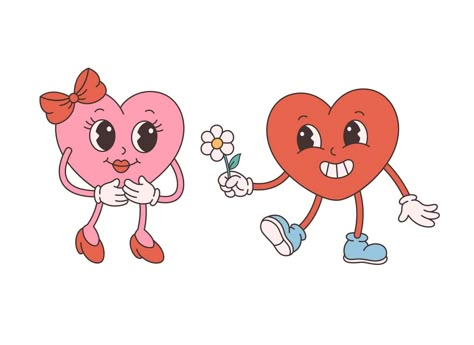 Trendy retro cartoon heart characters. Groovy style, vintage, 70s 60s aesthetics. Valentines day, falling in love. Retro Love Art, Valentines Day Elements, Cute Valentine’s Day Art, 70s Valentines Day Aesthetic, Valentines Day Characters, Valentine Illustration Cute, Valentines Characters, Valentine Tattoo Ideas, Vintage Valentines Aesthetic