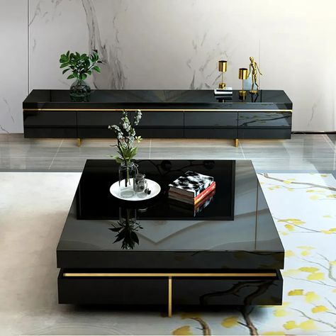 Black Modern Square Coffee Table with Drawers Tempered Glass Top & Metal Legs Coffee Table Tv Stand Ideas Living Rooms, Centre Table Living Room, Centre Table Design, Modern Square Coffee Table, Tea Table Design, Wide Table, Center Table Living Room, Coffee Table Design Modern, Central Table