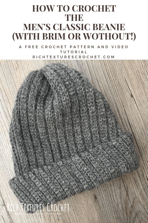 Men's Classic Beanie - Free Crochet Pattern | Rich Textures Crochet Men’s Crochet Hat Free Pattern, Mens Beanies, Mens Crochet Hat, Crochet Hat For Men, Crochet Mens Hat Pattern, Mens Hat Pattern, Mens Crochet Beanie, Beanie Pattern Free, Crochet Mens Hat