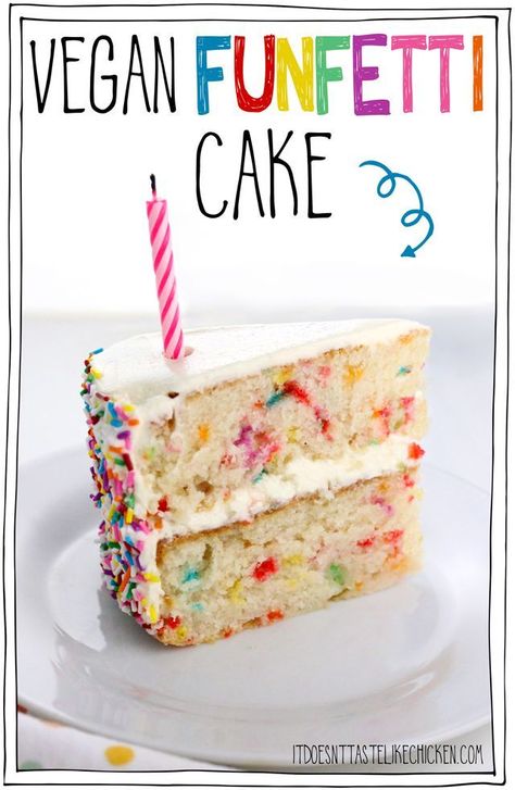 Vegan Funfetti Cake! Also called vegan confetti cake, is a delicious vanilla cake with sprinkles stirred into the batter to make spots of bright color throughout. Perfect for a vegan birthday cake! Deliciously moist and sweet, this rainbow cake is perfect Cake With Sprinkles, Vegan Birthday, Vegan Birthday Cake, Vegan Kids Recipes, Vegan Cake Recipes, Confetti Cake, Cake Vegan, Sprinkle Cake, Funfetti Cake