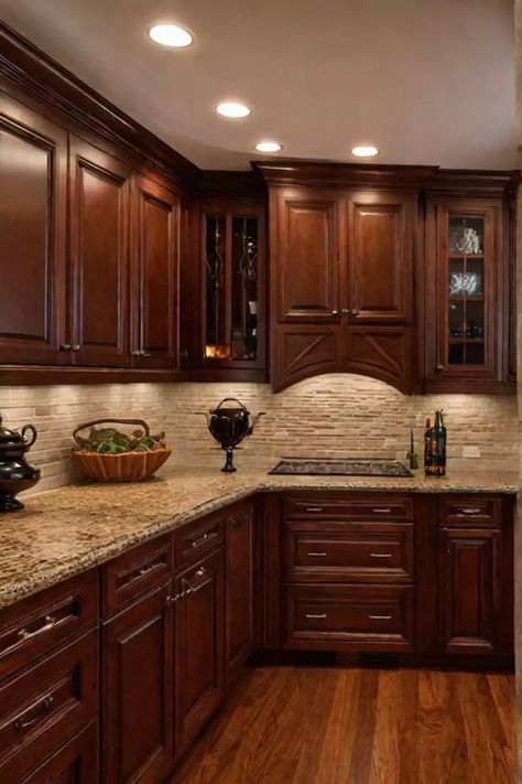 Custom stained cherry wood cabinets with a glazed finish Cherry Kitchen Cabinets, Brown Kitchen Ideas, Cherry Wood Kitchen Cabinets, Mahogany Kitchen, Cherry Wood Kitchens, Dark Wood Kitchen Cabinets, Cherry Wood Cabinets, Traditional Kitchen Cabinets, Brown Kitchen Cabinets