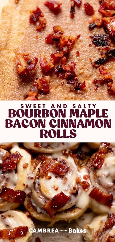 These bourbon maple bacon cinnamon rolls feature all of your breakfast favorites in one—maple syrup, crispy bacon, and homemade cinnamon rolls. Enjoy this sweet and salty treat for breakfast or dessert! Bourbon Maple Bacon Cinnamon Rolls, Maple Bacon Croissant, Bacon Cinnamon Rolls Pillsbury, Maple Bacon Cinnamon Rolls Homemade, Savory Cinnamon Rolls Recipe, Bacon Cinnamon Rolls Homemade, Flavoured Cinnamon Rolls, S’mores Cinnamon Roll, Christmas Cinammon Rolls