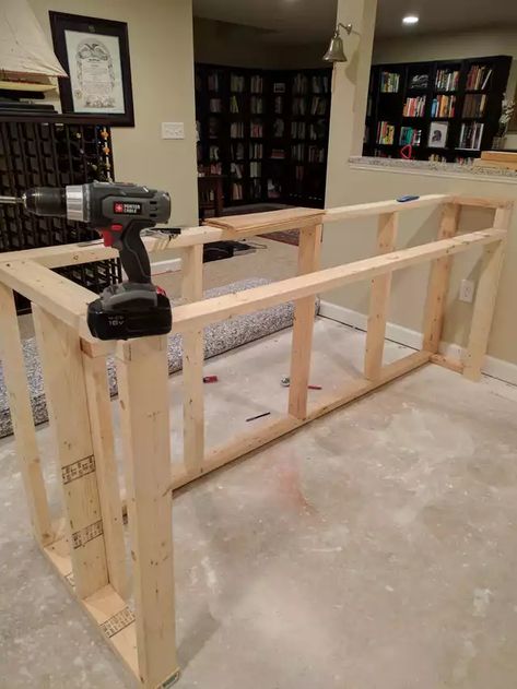 I built a bar in my basement - Imgur Diy Bar Table Man Caves, Small Bars For Home Basement, Build Basement Bar, Bar Base Ideas, Narrow Bar Ideas, How To Build A Basement Bar, Cheap Basement Bar Ideas, Diy Bar Build, Dry Bar Building Plans