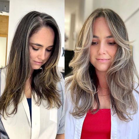 Brunette Hair with Balayage to Hide Grays Grey Hair Coverage Ideas, Hide Gray Hair With Highlights Brunettes, Hair With Highlights Brown, Blending Gray Hair With Highlights, Gray Hair With Highlights, Gray Blending, Ideas For Black Hair, Gray Balayage, Grey Hair Coverage