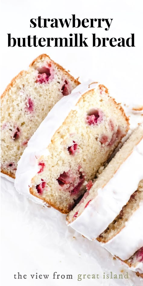 Strawberry Buttermilk Bread is fluffy, and so easy to whip up you'll make this strawberry loaf cake on repeat all season long! #strawberry #breakfast #coffeecake #quickbread #recipe #easy Strawberry Loaf Cake, Strawberry Loaf, Strawberry Bread Recipes, Strawberry Cake Easy, Buttermilk Bread, The View From Great Island, Strawberry Breakfast, Strawberry Bread, Loaf Cake Recipes