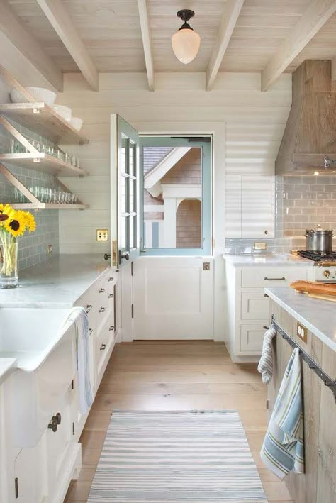 Pretty Kitchen Dutch Door - with Screen door too!!  Ahhhh, heaven!  Dearborn Builders - Tory Haynes Dutch Doors, House Of Turquoise, Pretty Kitchen, Dutch Door, Wooden Floors, Kitchen Farmhouse, Kitchen Doors, Cottage Kitchen, Beach Cottage