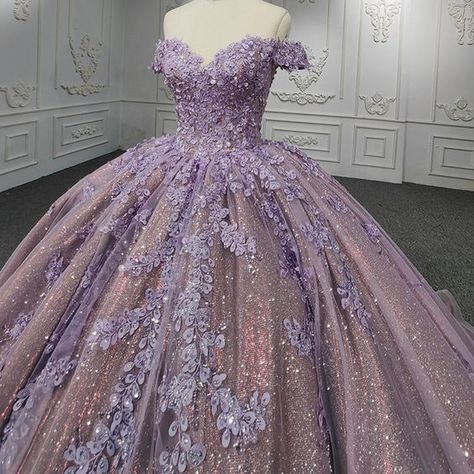 Quinceanera Purple Off-the-Shoulder Ball Gown Flower Dress | KissProm Quinceanera Purple, Purple Ball Gown, Quinceanera Dresses Red, Champagne Quinceanera Dresses, Ball Gown Silhouette, Quinceanera Themes Dresses, White Quinceanera Dresses, Purple Quinceanera Dresses, Quinceanera Dresses Gold