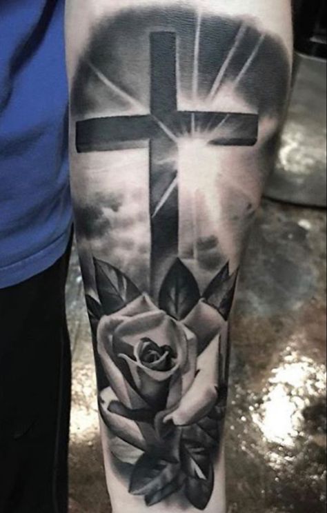 Memorial Tattoo Sleeve Ideas, Cross On A Hill Tattoo, Cross Half Sleeve Tattoo For Women, Memorial Tattoo Sleeves, Rose Tattoo Leg, Black Cross Tattoos, Masonic Tattoos, Clock Tattoo Sleeve, Memorial Tattoo Designs