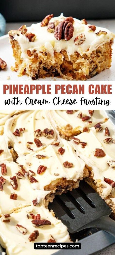 Pineapple Pecan Cake with Cream Cheese Frosting Pineapple Pecan Cake With Cream Cheese, Pineapple Pecan Cake, Pineapple Desert, Recipes With Pineapple, Easy Pineapple Cake, Cake Pineapple, Cheesecake Frosting, Pineapple Dessert Recipes, Pineapple Desserts