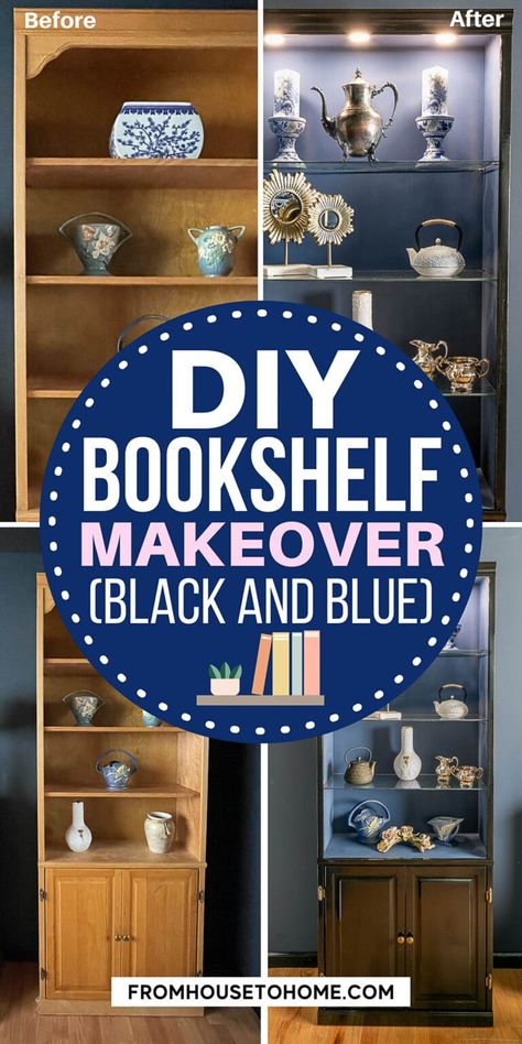 If you have a boring bookshelf that needs an update, this glam bookcase makeover may be just what you're looking for. With glossy black paint that looks like lacquer, glass shelves and shelf lighting, you won't believe the difference between the "before" and "after". Glam Bookcase, Painting Shelves Ideas, Organizing Ideas Bathroom, Blue Bookshelf, Painted Bookcases, Bathroom Organizing Ideas, Blue Bookshelves, Storage Ideas Organizing, Painted Bookcase