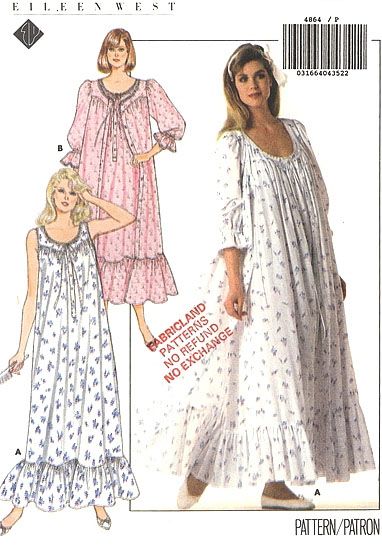 Butterick 4864; ©1987; Eileen West - Robe and Nightgown. Very loose fitting, flared robe or... Nightgown Pattern, Dresses By Pattern, Eileen West, Night Gowns, Top Sewing, Vintage Nightgown, Butterick Pattern, Butterick Sewing Pattern, Women's Robe