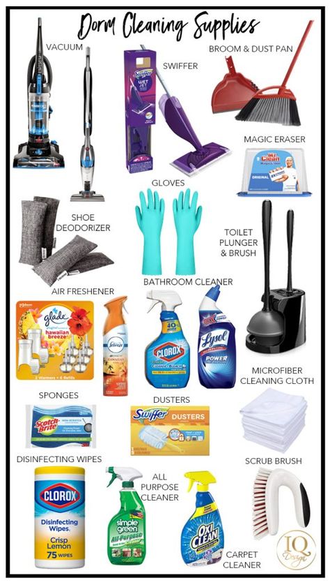 Room Cleaning Essentials, New House Supplies, Cleaning Supplies For Apartment, Cleaning Supplies Must Have, House List Supplies, Kitchen Cleaning Supplies List, List Of Cleaning Supplies For New House, College Dorm Cleaning Supplies, College Dorm Cleaning Schedule