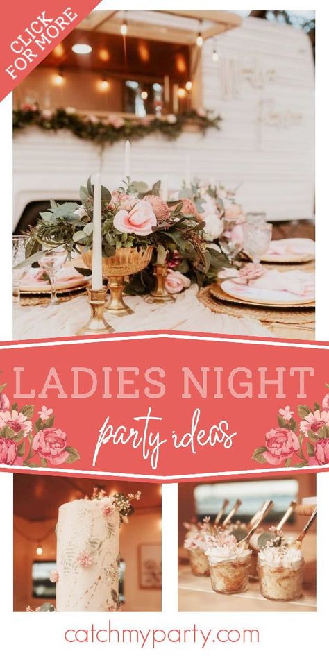 Take a look at this beautiful boho ladies night! The party decorations are so impressive! See more party ideas and share yours at CatchMyParty.com Girls Dinner Party Ladies Night, Ladies Night Ideas Themes, Ideas For Girls Night, Ladies Night Ideas, Activities For Birthday, Rustic Party Ideas, Boho Chic Party, Ladies Night Party, Night Picnic