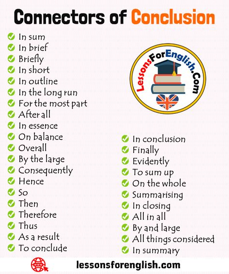 English Connectors of Conclusion List In sum In brief Briefly In short In outline In the long run For the most part In conclusion Finally Evidently To sum up On the whole Summarising In closing All in all By and large All things considered In summary After all In essence On balance Overall By the large Consequently Hence So Then Therefore Thus As a result To conclude Business Writing Skills, Title Generator, Linking Words, In Conclusion, English Learning Spoken, Essay Writing Skills, Interesting English Words, Good Vocabulary Words, Good Vocabulary