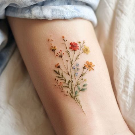 Wildflower Tattoo Art Collection Small Hand Finger Tattoos, Irish Floral Tattoo, Tiny Wild Flower Tattoo, Ankle Tattoo Colorful, Small Floral Vine Tattoo, Tiny Pothos Tattoo, Unique Motherhood Tattoos, Honeysuckle And Poppy Tattoo, Nutrition Tattoo Ideas